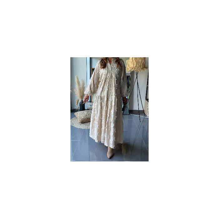 Robe Longue Bohème Beige à Motifs Texturés – Coton