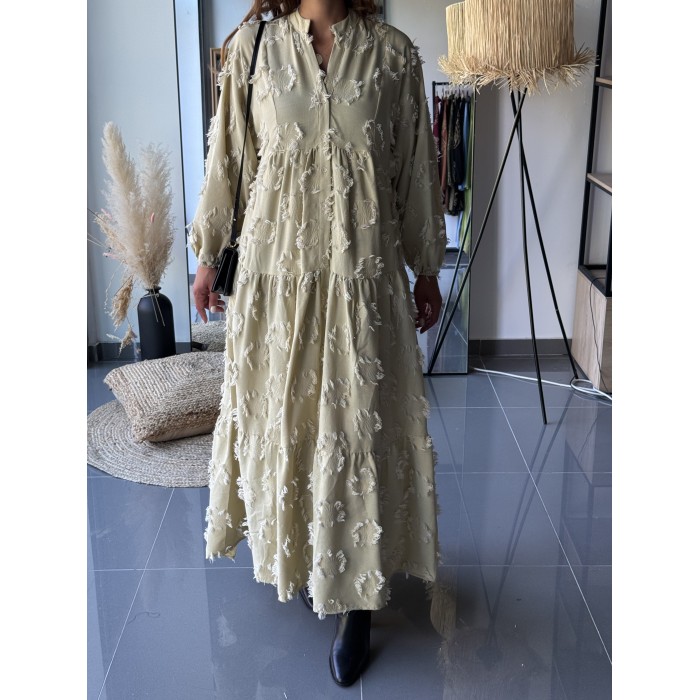 Robe Longue Bohème Pistache à Motifs Texturés – Coton